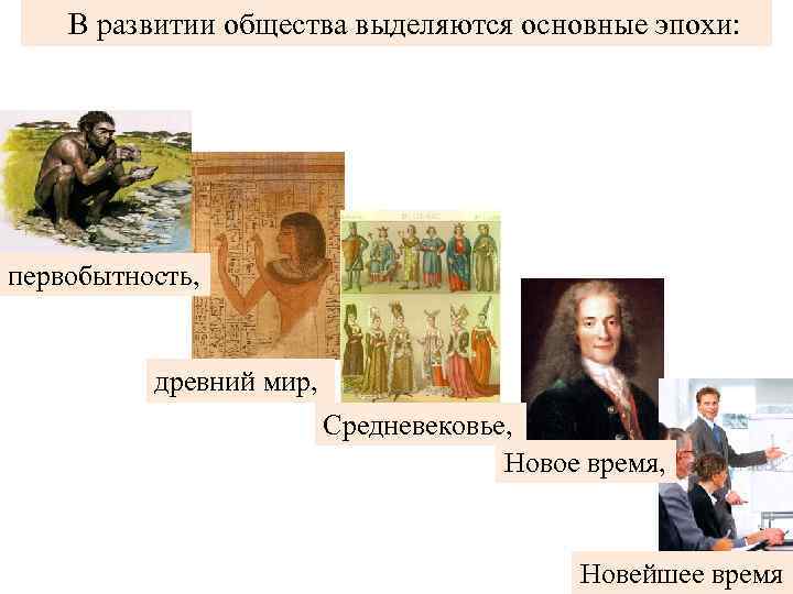 В развитии общества выделяются основные эпохи: первобытность, древний мир, Средневековье, Новое время, Новейшее время