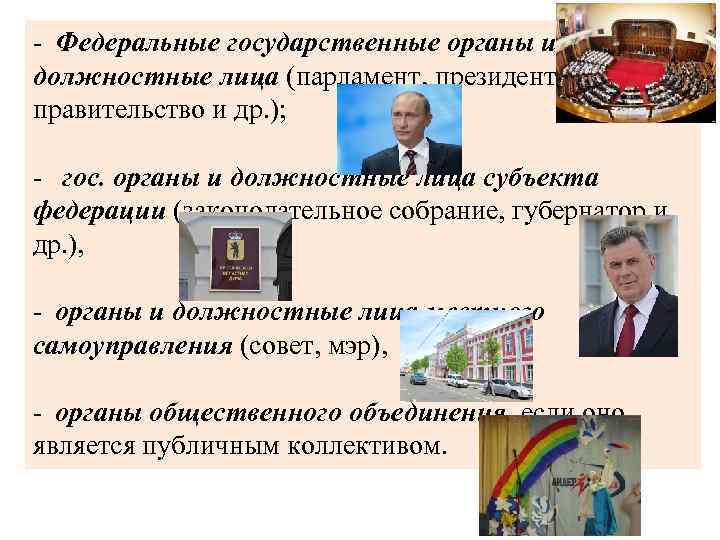 - Федеральные государственные органы и должностные лица (парламент, президент, правительство и др. ); -