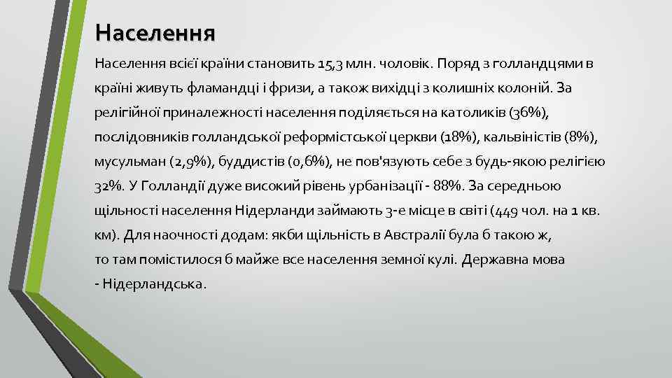 Населення всієї країни становить 15, 3 млн. чоловік. Поряд з голландцями в країні живуть