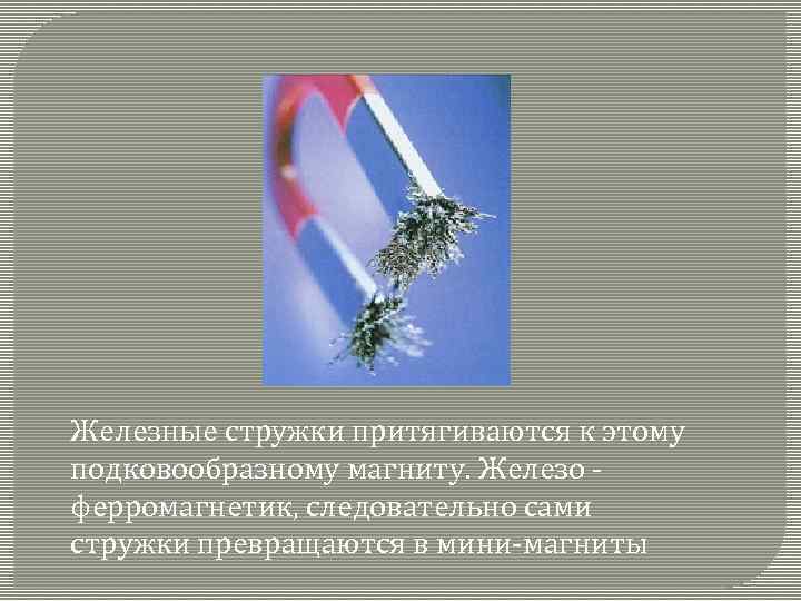 Железные стружки притягиваются к этому подковообразному магниту. Железо ферромагнетик, следовательно сами стружки превращаются в