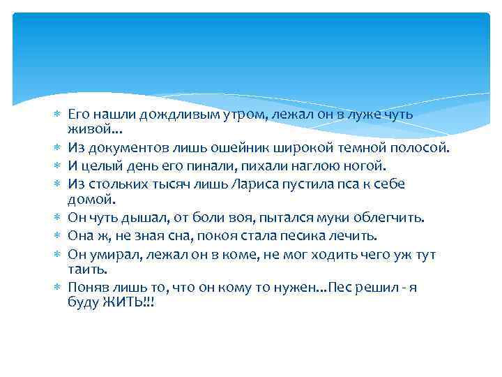  Его нашли дождливым утром, лежал он в луже чуть живой. . . Из