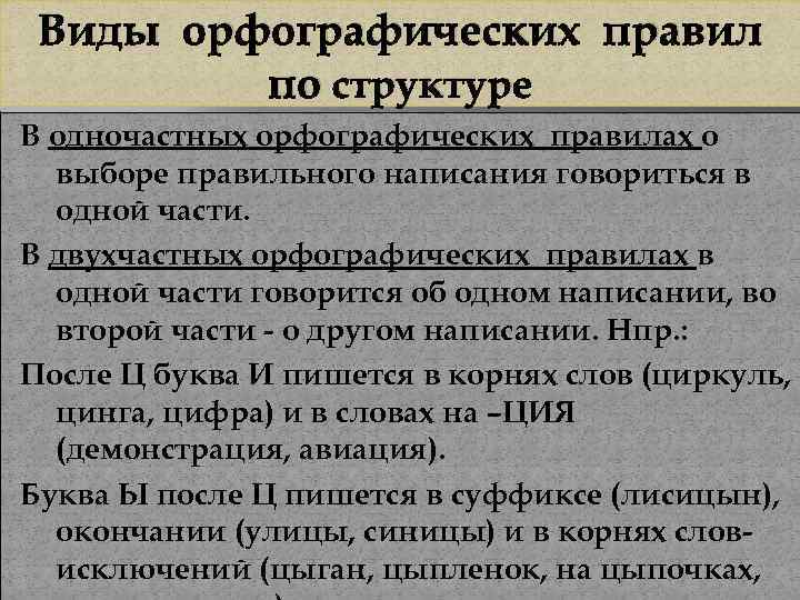 Виды орфографических правил по структуре В одночастных орфографических правилах о выборе правильного написания говориться