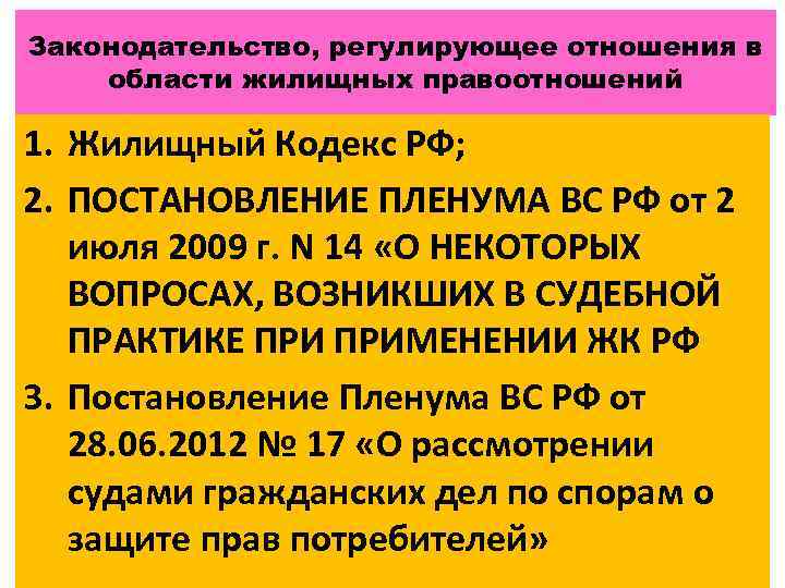 Законодательство, регулирующее отношения в области жилищных правоотношений 1. Жилищный Кодекс РФ; 2. ПОСТАНОВЛЕНИЕ ПЛЕНУМА