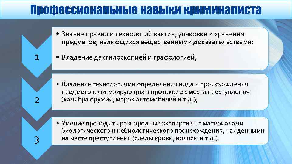 Профессиональные навыки криминалиста • Знание правил и технологий взятия, упаковки и хранения предметов, являющихся