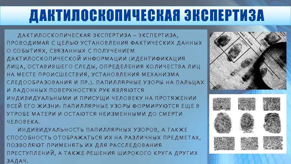 ДАКТИЛОСКОПИЧЕСКАЯ ЭКСПЕРТИЗА – ЭКСПЕРТИЗА, ПРОВОДИМАЯ С ЦЕЛЬЮ УСТАНОВЛЕНИЯ ФАКТИЧЕСКИХ ДАННЫХ О СОБЫТИЯХ, СВЯЗАННЫХ С
