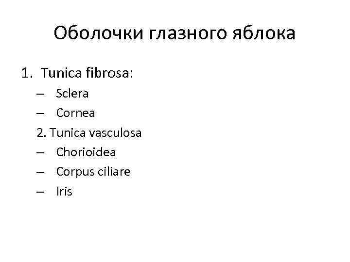 Оболочки глазного яблока 1. Tunica fibrosa: – Sclera – Cornea 2. Tunica vasculosa –