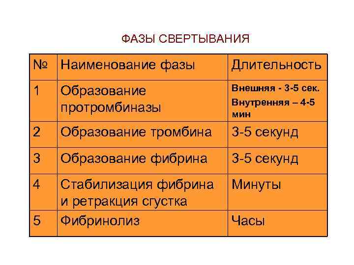  ФАЗЫ СВЕРТЫВАНИЯ № Наименование фазы Длительность 1 Образование протромбиназы Внешняя - 3 -5