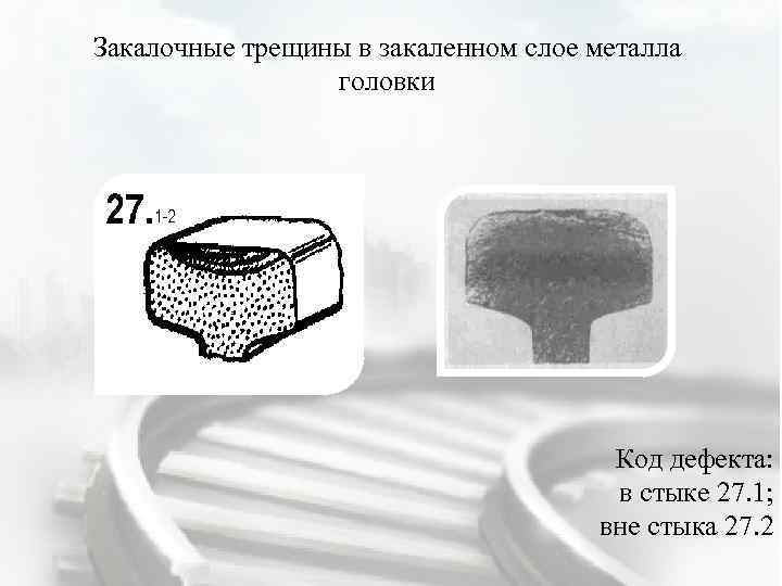 Закалочные трещины в закаленном слое металла головки Код дефекта: в стыке 27. 1; вне