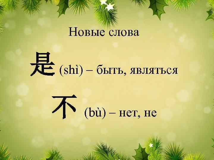 Новые слова 是 (shì) – быть, являться 不 (bù) – нет, не 