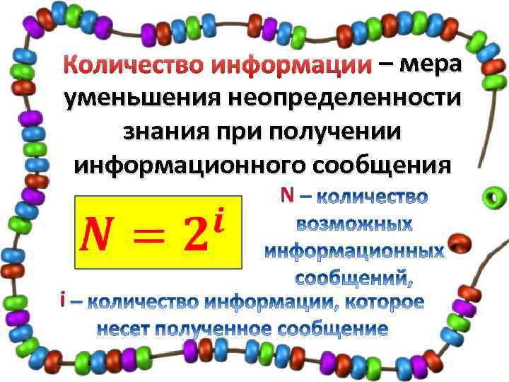 Количество информации – мера уменьшения неопределенности знания при получении информационного сообщения i N 