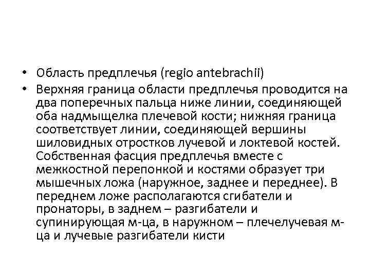  • Область предплечья (regio antebrachii) • Верхняя граница области предплечья проводится на два