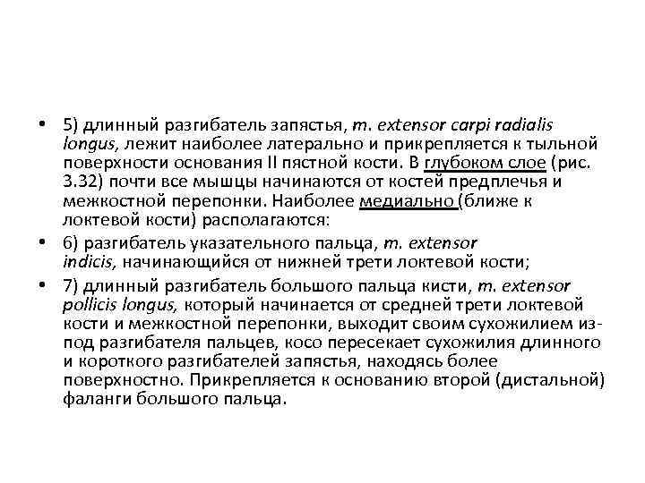  • 5) длинный разгибатель запястья, m. extensor carpi radialis longus, лежит наиболее латерально