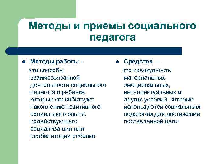 Методы и приемы социального педагога l Методы работы – это способы взаимосвязанной деятельности социального