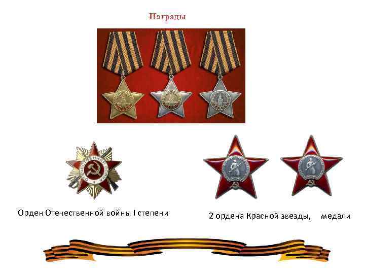 Награды Орден Отечественной войны I степени 2 ордена Красной звезды, медали 