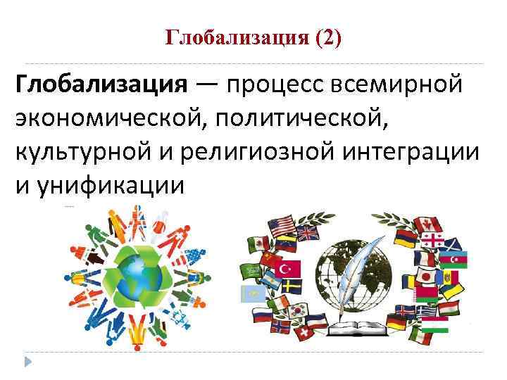 Глобализация (2) Глобализация — процесс всемирной экономической, политической, культурной и религиозной интеграции и унификации