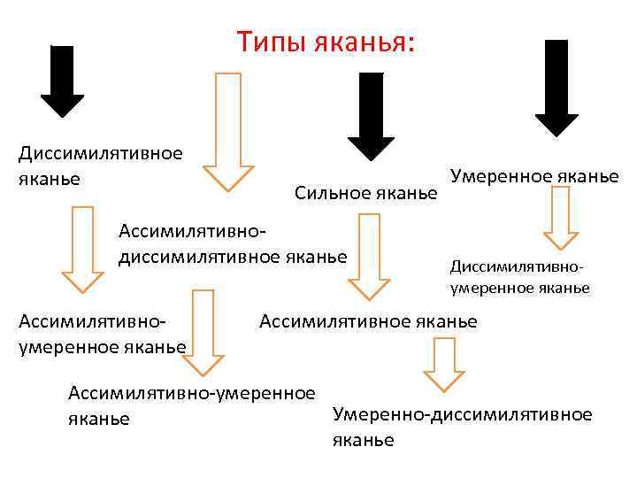 Типы яканья: Диссимилятивное яканье Сильное яканье Ассимилятивнодиссимилятивное яканье Ассимилятивноумеренное яканье Умеренное яканье Диссимилятивноумеренное яканье