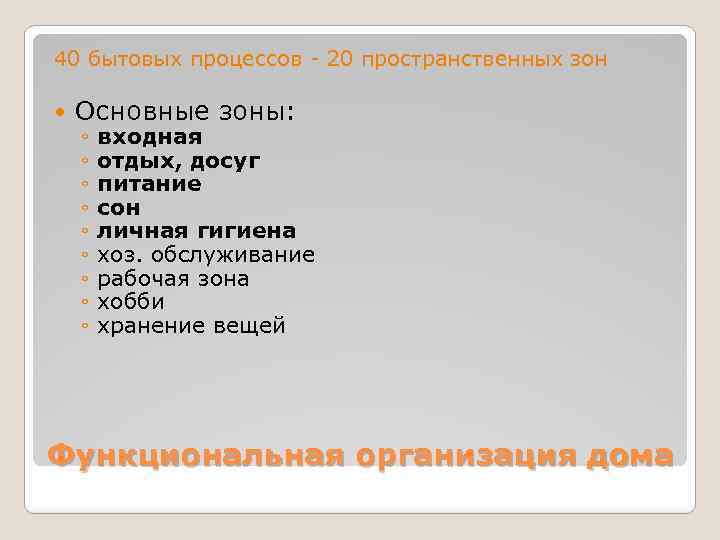 40 бытовых процессов - 20 пространственных зон Основные зоны: ◦ ◦ ◦ ◦ ◦