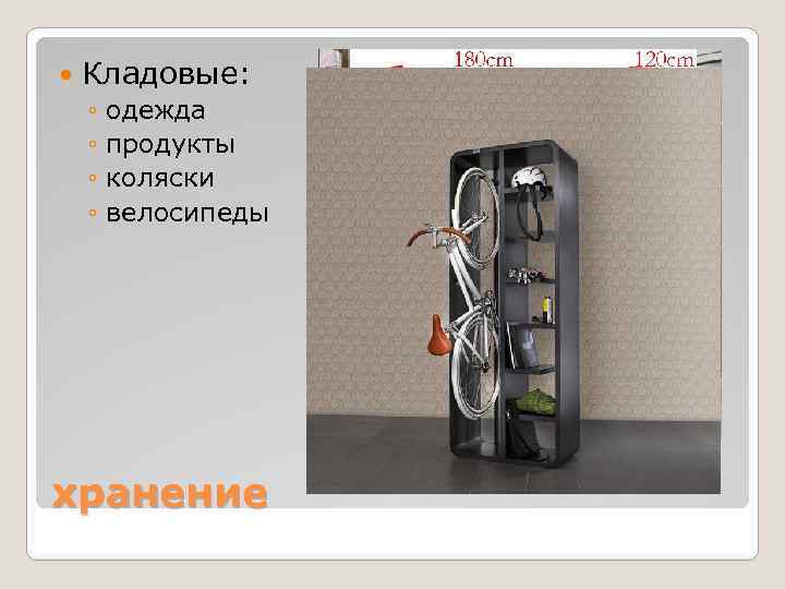  Кладовые: ◦ одежда ◦ продукты ◦ коляски ◦ велосипеды хранение 