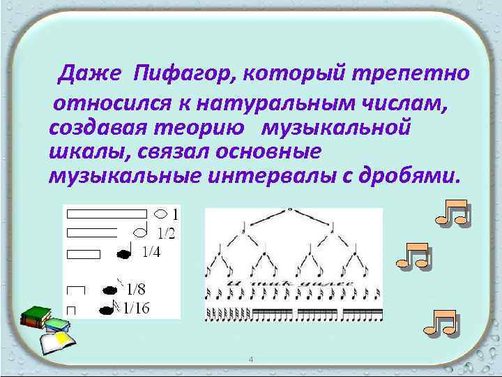  Даже Пифагор, который трепетно относился к натуральным числам, создавая теорию музыкальной шкалы, связал