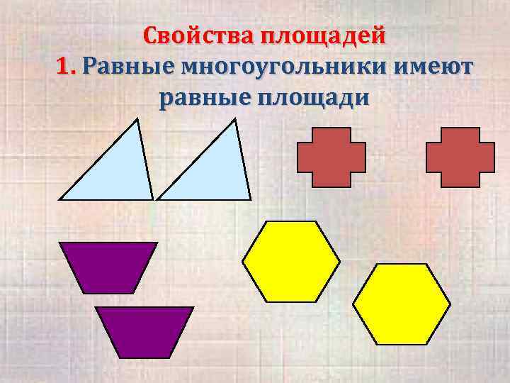 Свойства площадей 1. Равные многоугольники имеют равные площади 