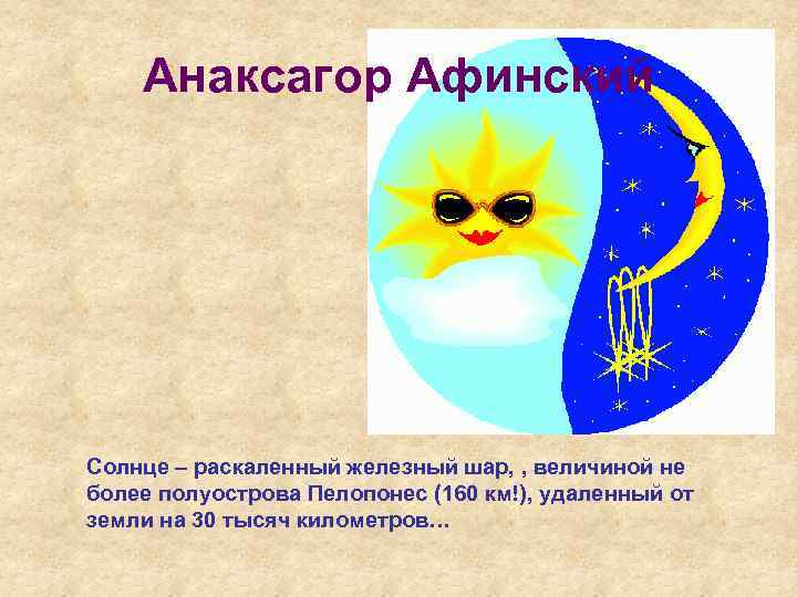 Анаксагор Афинский Солнце – раскаленный железный шар, , величиной не более полуострова Пелопонес (160