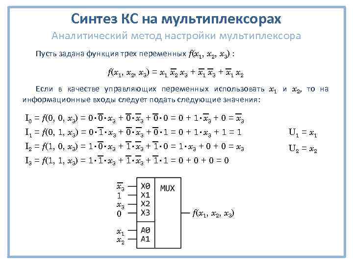 Синтез КС на мультиплексорах Аналитический метод настройки мультиплексора Пусть задана функция трех переменных f(x