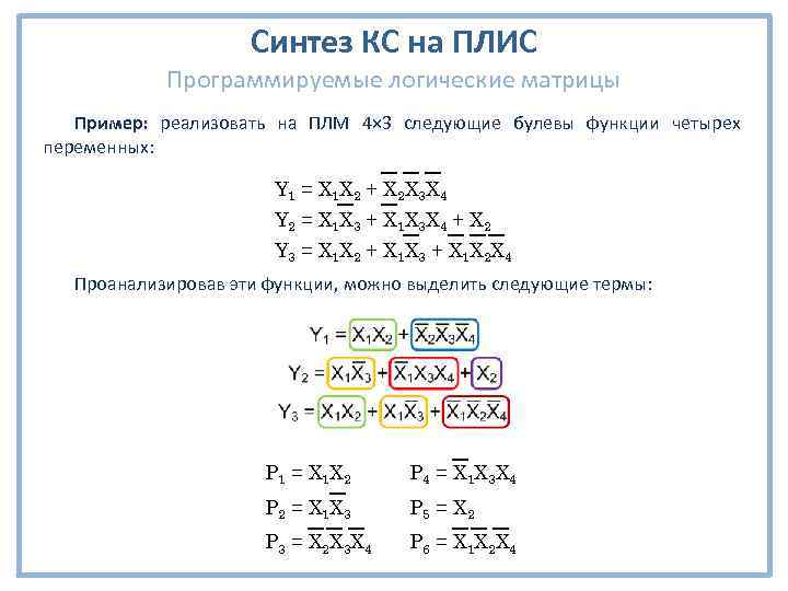 Синтез КС на ПЛИС Программируемые логические матрицы Пример: реализовать на ПЛМ 4× 3 следующие