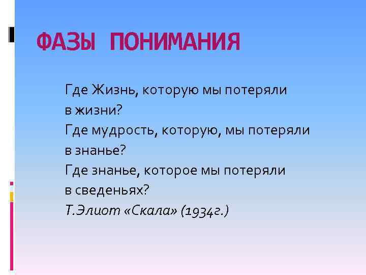 ФАЗЫ ПОНИМАНИЯ Где Жизнь, которую мы потеряли в жизни? Где мудрость, которую, мы потеряли