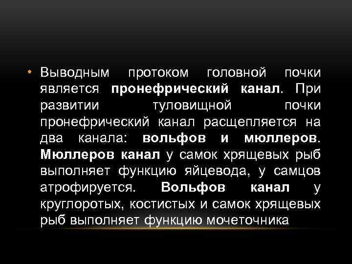  • Выводным протоком головной почки является пронефрический канал. При развитии туловищной почки пронефрический