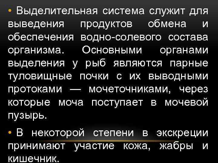  • Выделительная система служит для выведения продуктов обмена и обеспечения водно-солевого состава организма.