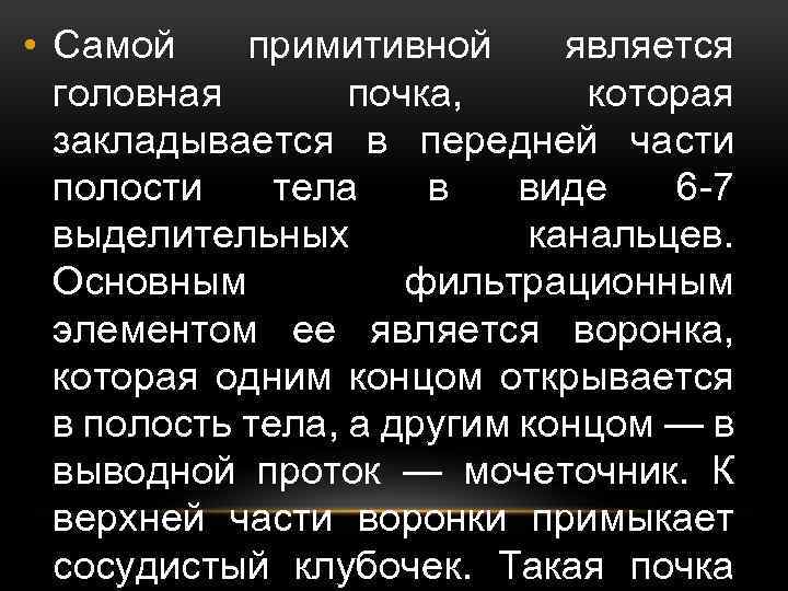  • Самой примитивной является головная почка, которая закладывается в передней части полости тела