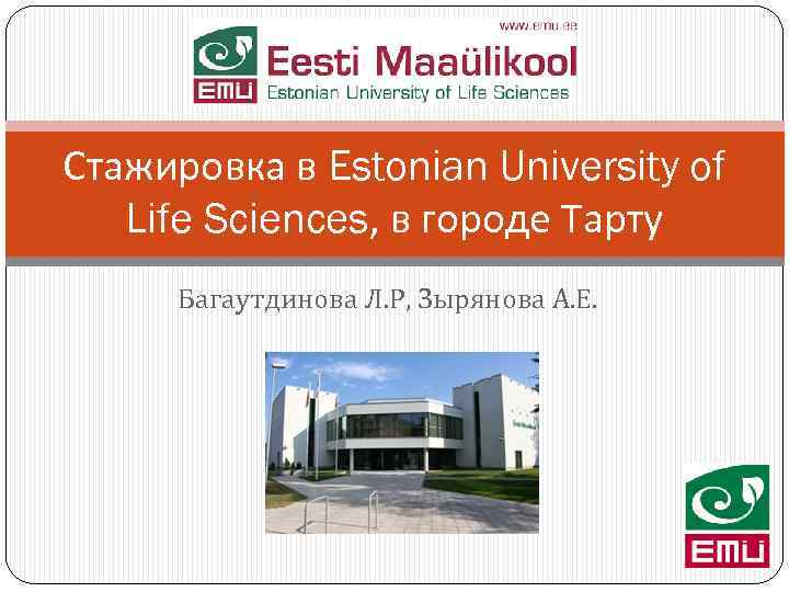 Стажировка в Estonian University of Life Sciences, в городе Тарту Багаутдинова Л. Р, Зырянова