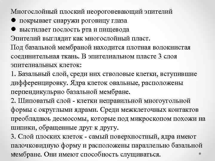 Многослойный плоский неороговевающий эпителий l покрывает снаружи роговицу глаза l выстилает послость рта и
