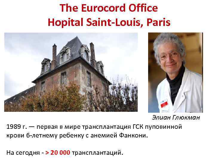 The Eurocord Office Hopital Saint-Louis, Paris Элиан Глюкман 1989 г. — первая в мире