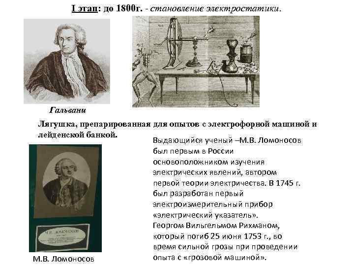 I этап: до 1800 г. - становление электростатики. Гальвани Лягушка, препарированная для опытов с