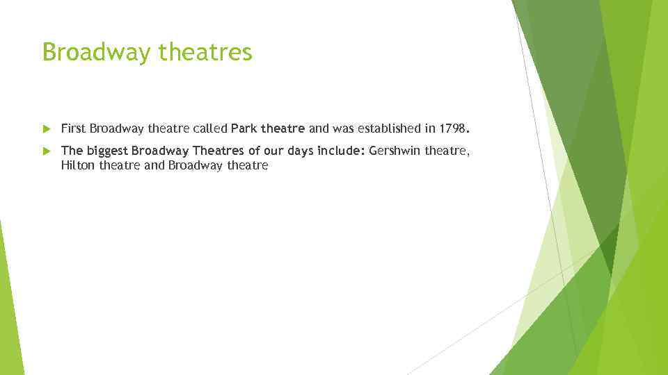 Broadway theatres First Broadway theatre called Park theatre and was established in 1798. The