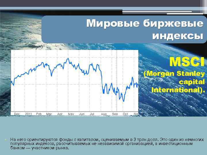 Мировые биржевые индексы MSCI (Morgan Stanley capital International). • На него ориентируются фонды с