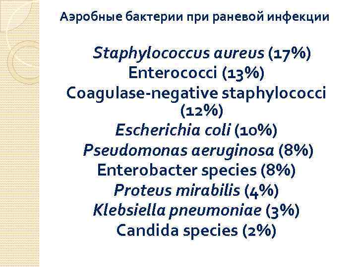 Аэробные бактерии при раневой инфекции Staphylococcus aureus (17%) Enterococci (13%) Coagulase-negative staphylococci (12%) Escherichia