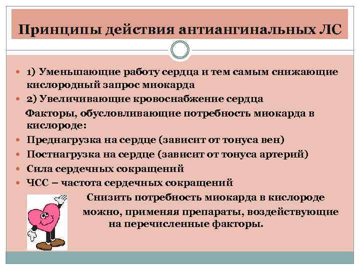 Принципы действия антиангинальных ЛС 1) Уменьшающие работу сердца и тем самым снижающие кислородный запрос