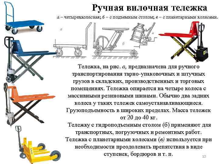 Ручная вилочная тележка а – четырехколесная; б – с подъемным столом; в – с