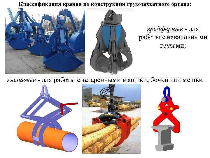 Классификация кранов по конструкции грузозахватного органа: грейферные для работы с навалочными грузами; клещевые для