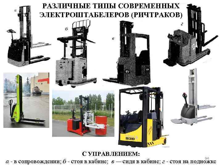 РАЗЛИЧНЫЕ ТИПЫ СОВРЕМЕННЫХ ЭЛЕКТРОШТАБЕЛЕРОВ (РИЧТРАКОВ) С УПРАВЛЕНИЕМ: 94 а в сопровождении; б стоя в