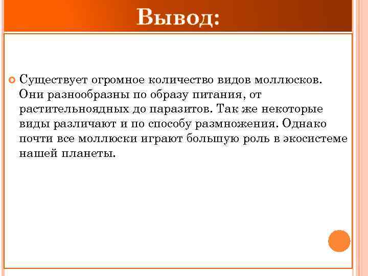 Вывод: Существует огромное количество видов моллюсков. Они разнообразны по образу питания, от растительноядных до