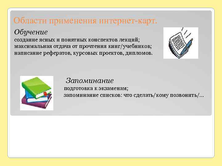 Области применения интернет-карт. Обучение создание ясных и понятных конспектов лекций; максимальная отдача от прочтения
