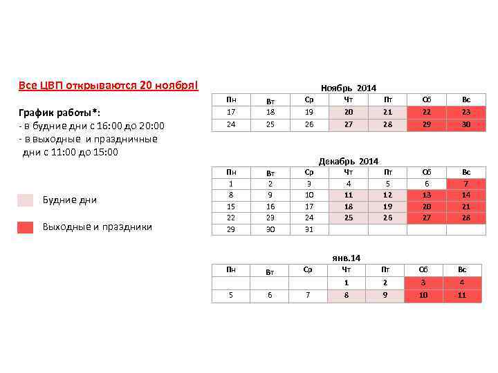  ГРАФИК РАБОТЫ ЦВП Все ЦВП открываются 20 ноября! Ноябрь 2014 Пн График работы*: