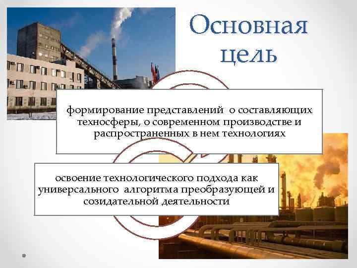 Основная цель формирование представлений о составляющих техносферы, о современном производстве и распространенных в нем