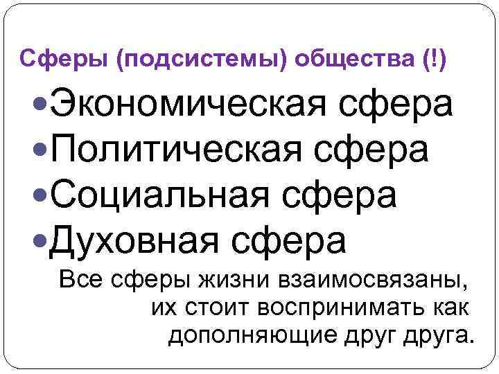 Сферы (подсистемы) общества (!) Экономическая сфера Политическая сфера Социальная сфера Духовная сфера Все сферы