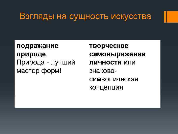 Взгляды на сущность искусства подражание природе. Природа - лучший мастер форм! творческое самовыражение личности