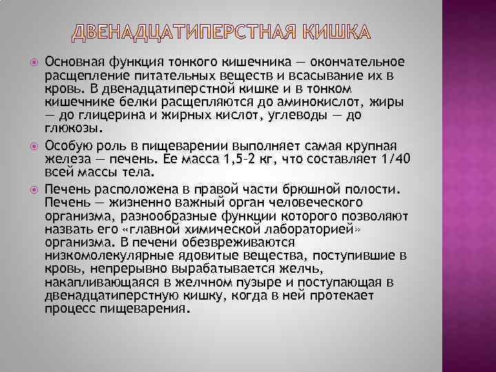  Основная функция тонкого кишечника — окончательное расщепление питательных веществ и всасывание их в