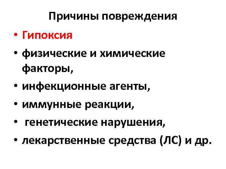 Причины повреждения • Гипоксия • физические и химические факторы, • инфекционные агенты, • иммунные